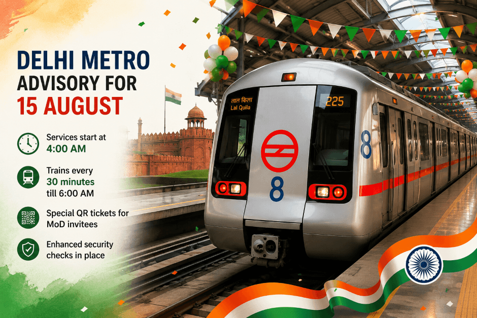 Delhi Metro Independence Day advisory for August 15 with a decorated metro train and Lal Quila