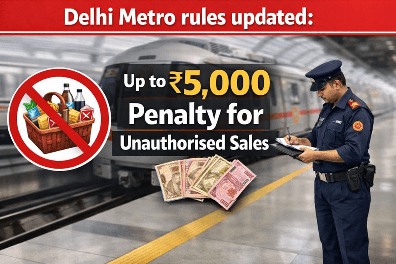 Delhi Metro rules updated with up to ₹5,000 penalty for unauthorised sales inside stations and trains.