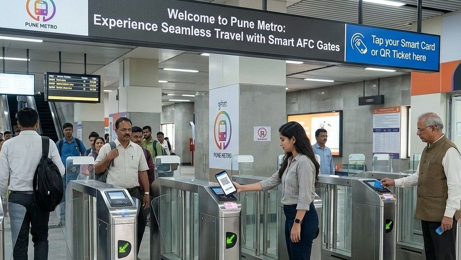 Passengers using smart AFC gates at Pune Metro stations, making entry and exit quicker, more efficient, and convenient for daily commuters.