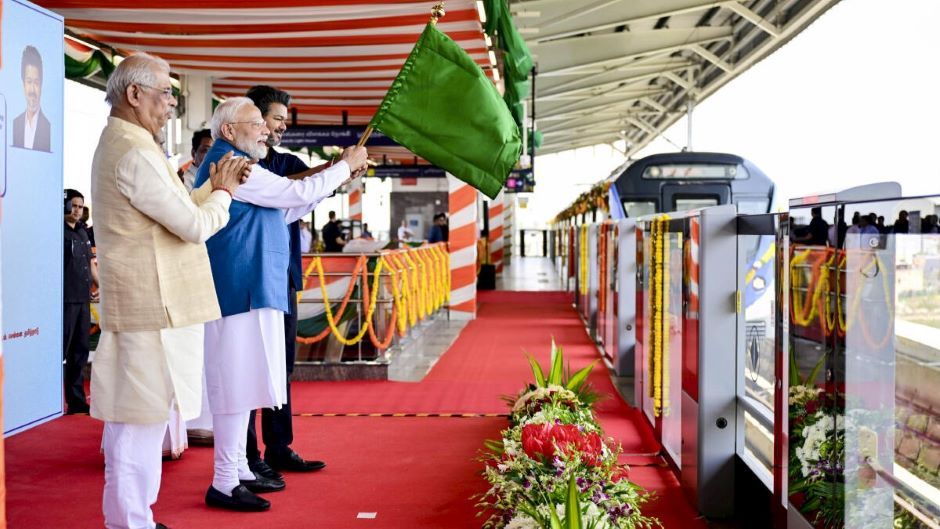 Prime Minister Narendra Modi flagged off the Chennai Metro Phase II train during the inauguration of the Poonamallee-Vadapalani stretch.