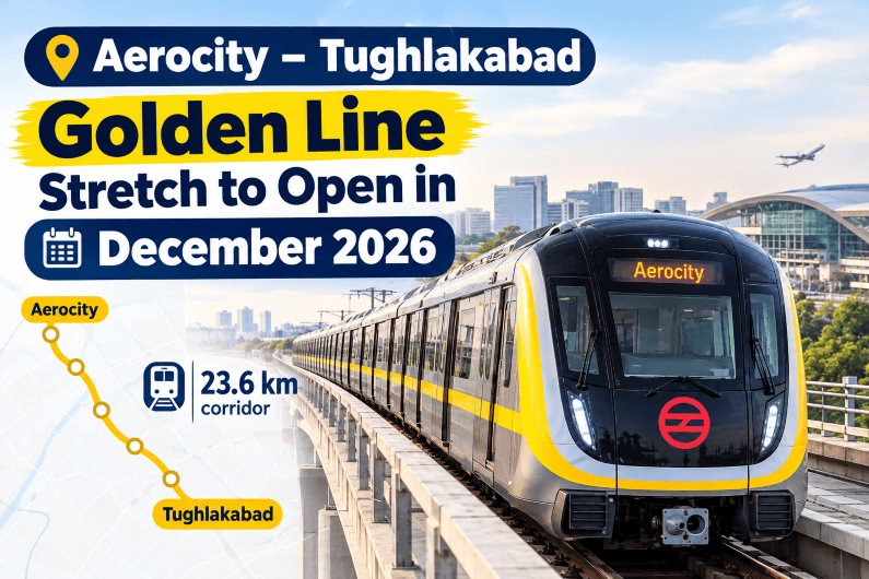 Delhi Metro Golden Line connecting Aerocity to Tughlakabad with 15 proposed stations.