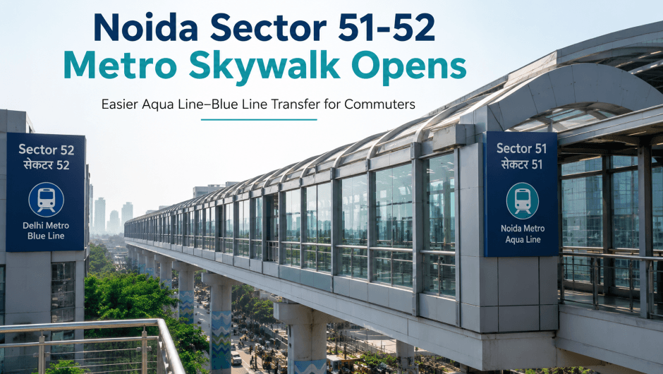 Noida Sector 51-52 AC metro skywalk connecting Aqua Line and Blue Line stations.