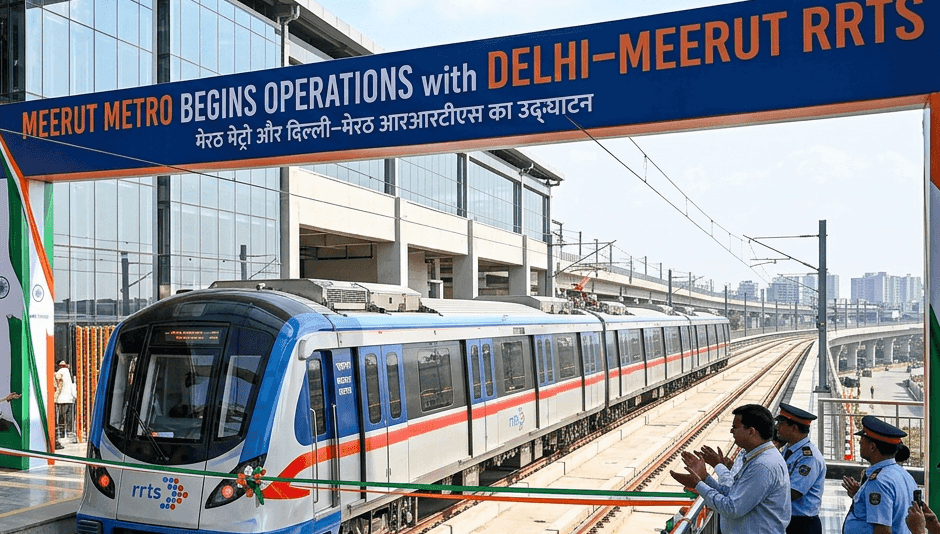 The newly inaugurated Meerut Metro train is operating along the Delhi-Meerut RRTS, giving commuters the first experience of fast and modern transit.